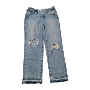 Good American Womens Jeans Size 12/31 Light Wash Distressed Straight Leg Raw Hem